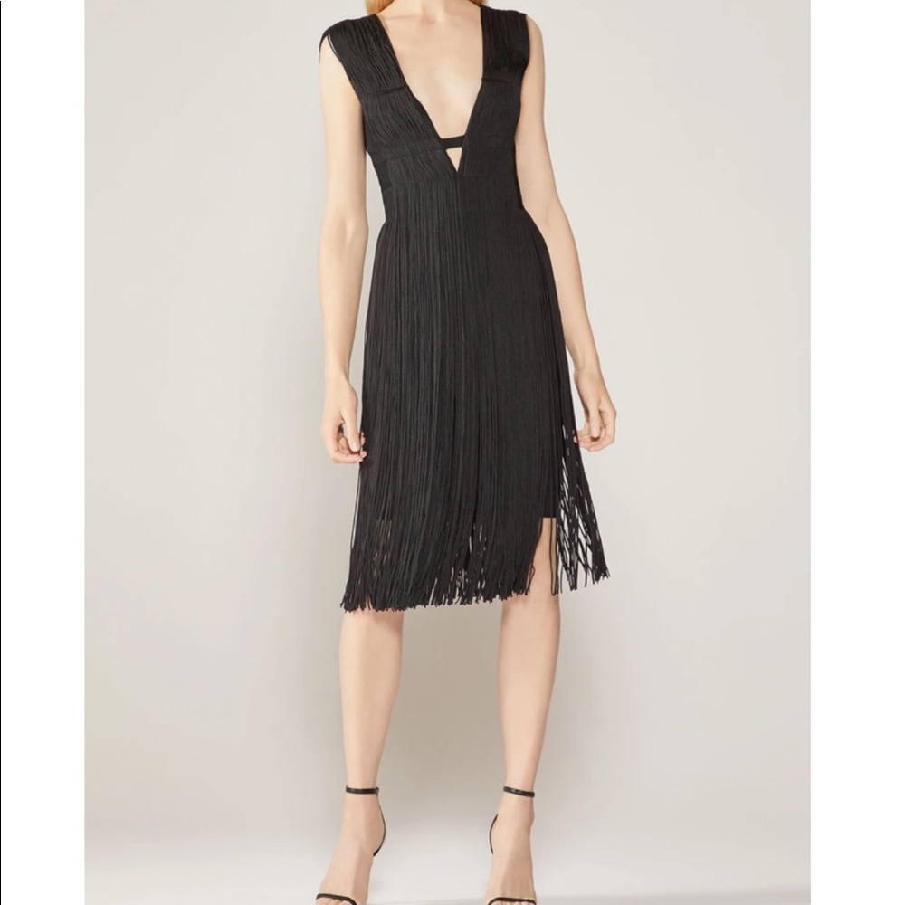 HERVE LEGER Deep V Fringe Cut out Dress Black